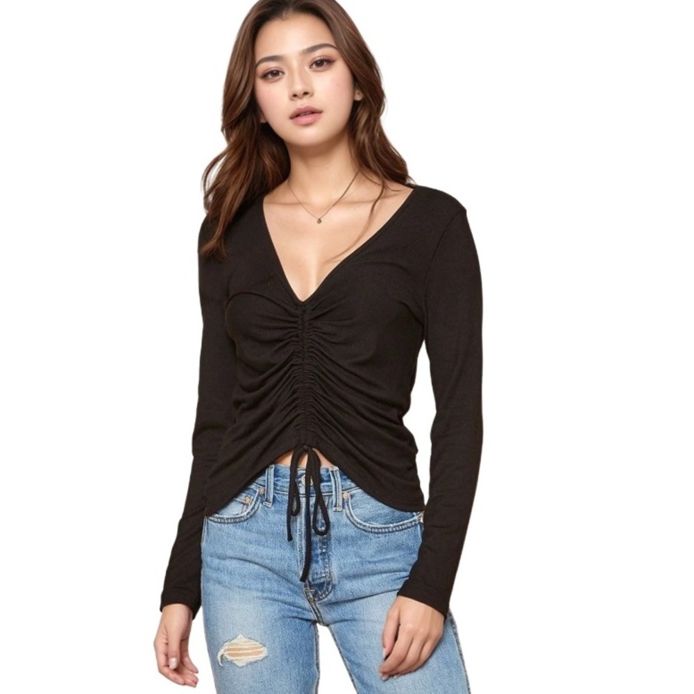 J. Society New York Black Ruched Front V-Neck Top‎ Long Sleeve Drawstring, Large